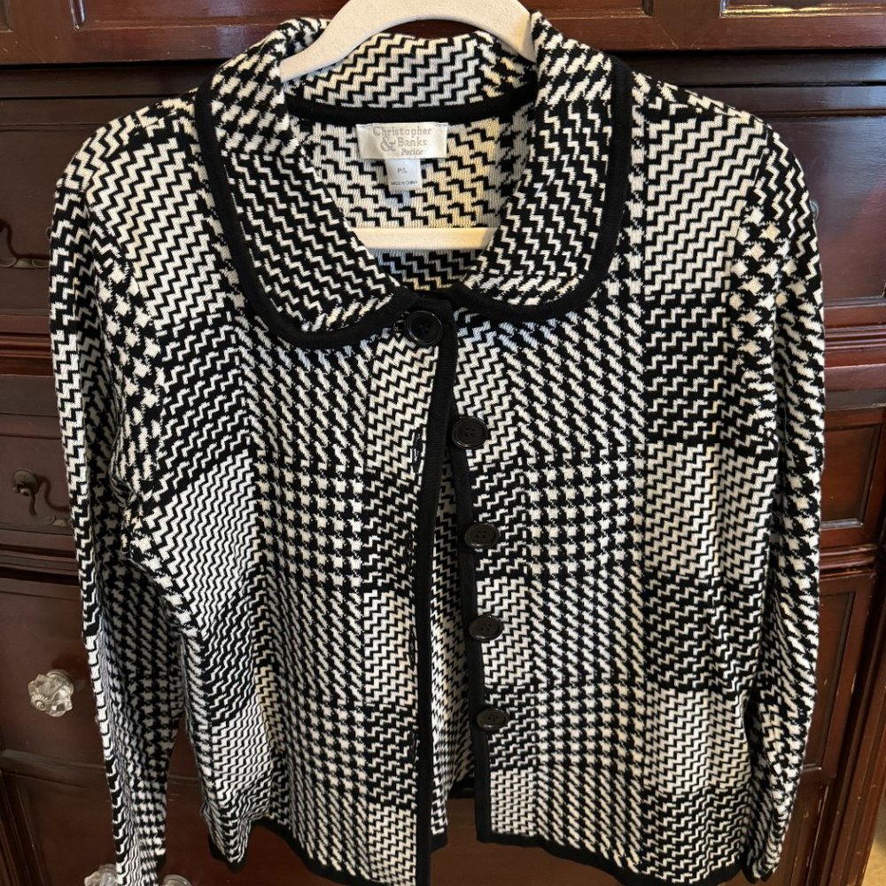 Black & White Herringbone Sweater Jacket - Size LP